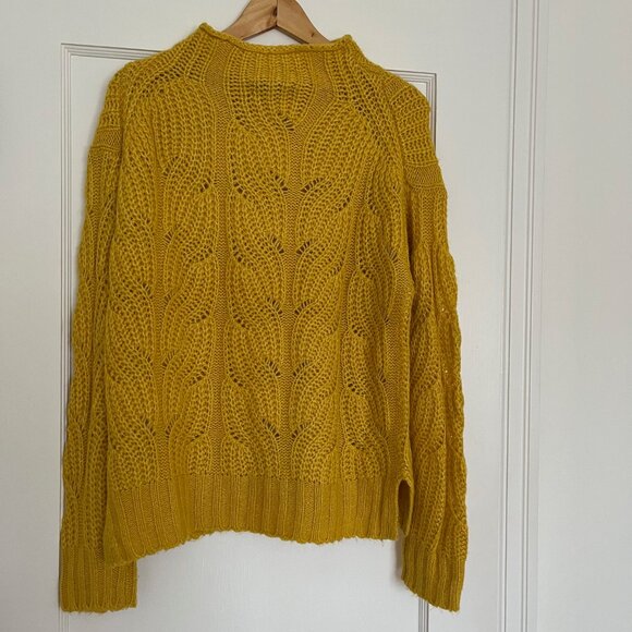 J Crew Pointelle Cable Knit Mock Neck Sweater in Mustard Yellow | Size Small - Picture 3 of 7